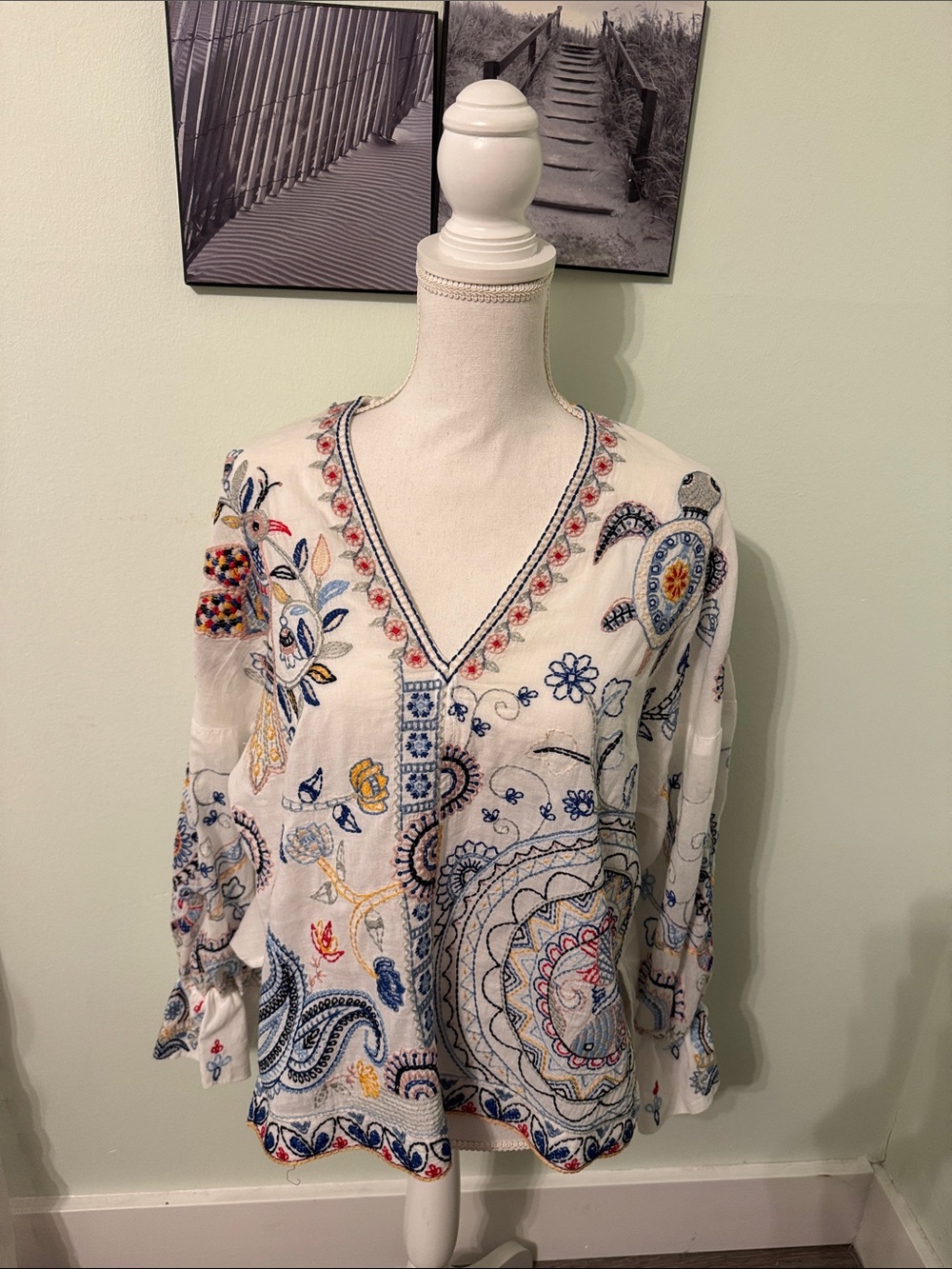 Zara Embroidered V-Neck Boho Tunic - Multicolor on Cream